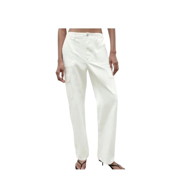 Zara Pants - Zara TRF High Rise Straight Cargo Pants Oyster White Size 8 Preppy Nautical‎
